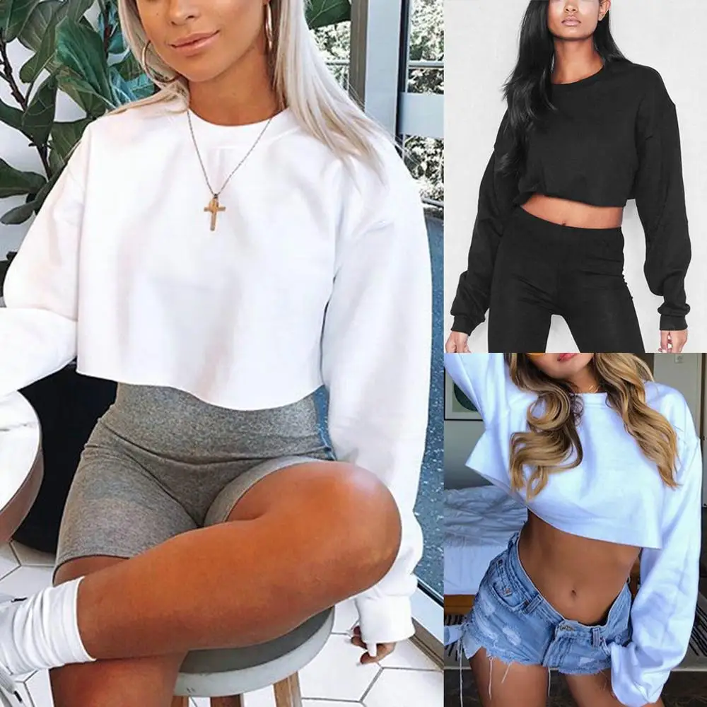 Женский короткий свитер с капюшоном Свободный Повседневный Однотонный длинным