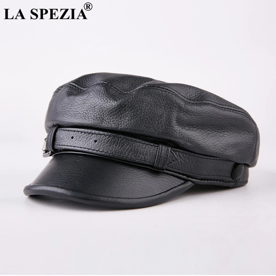 black LA SPEZIA Мужская армейская шляпа, кожаные военные шапки, мужские повседневные черные шапки капитана, ретро весенние регулируемые роскошные классические плоские шапки - Цвет: black
