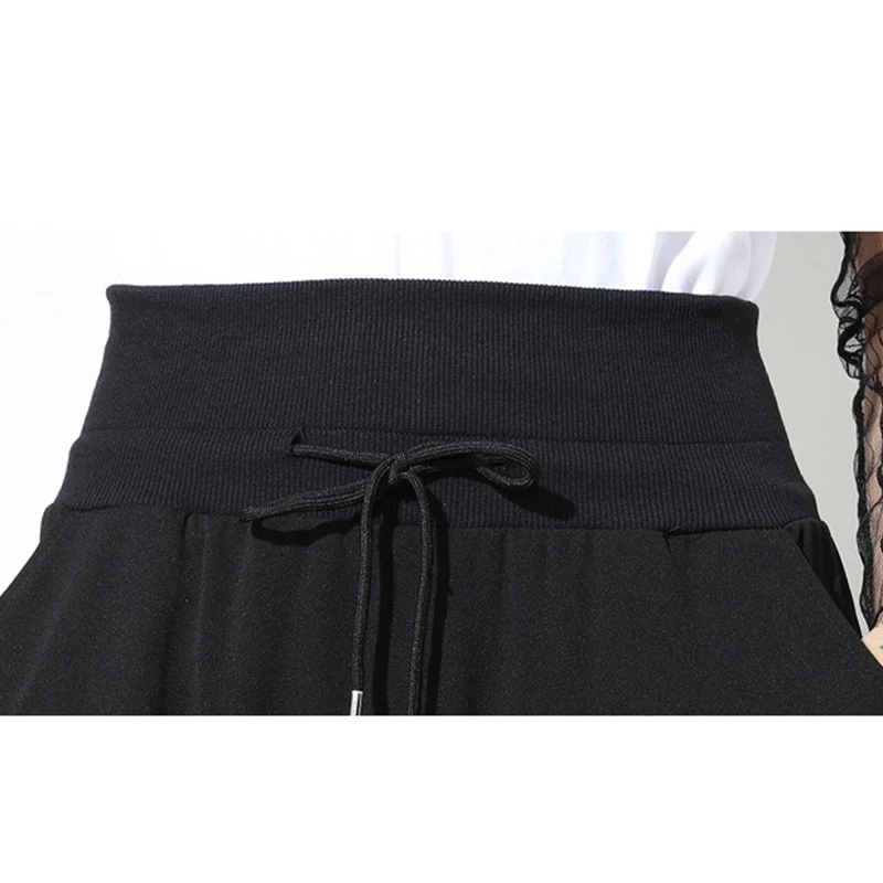 

Spring Fashion Black Solid Drawstring Pockets Causal Loose Big Size Women High Waist Harem Pant