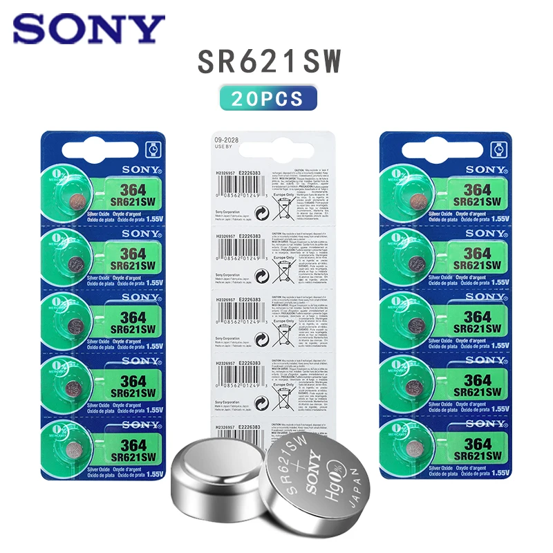 

20 шт./лот Sony 364 оригинальная 1,55 в Серебряная оксидная батарея для часов 364 SR621SW V364 SR60 SR621 AG1, Кнопочная монетница, сделано в Японии