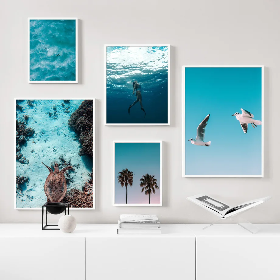 Картина на холсте с изображением кокосовой пальмы морской черепахи ныряющей