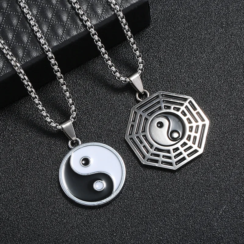 

New Stainless Steel Yin Ying Yang Pendant Necklace Black White Necklace Men PU Leather Necklaces Jewelry Vintage