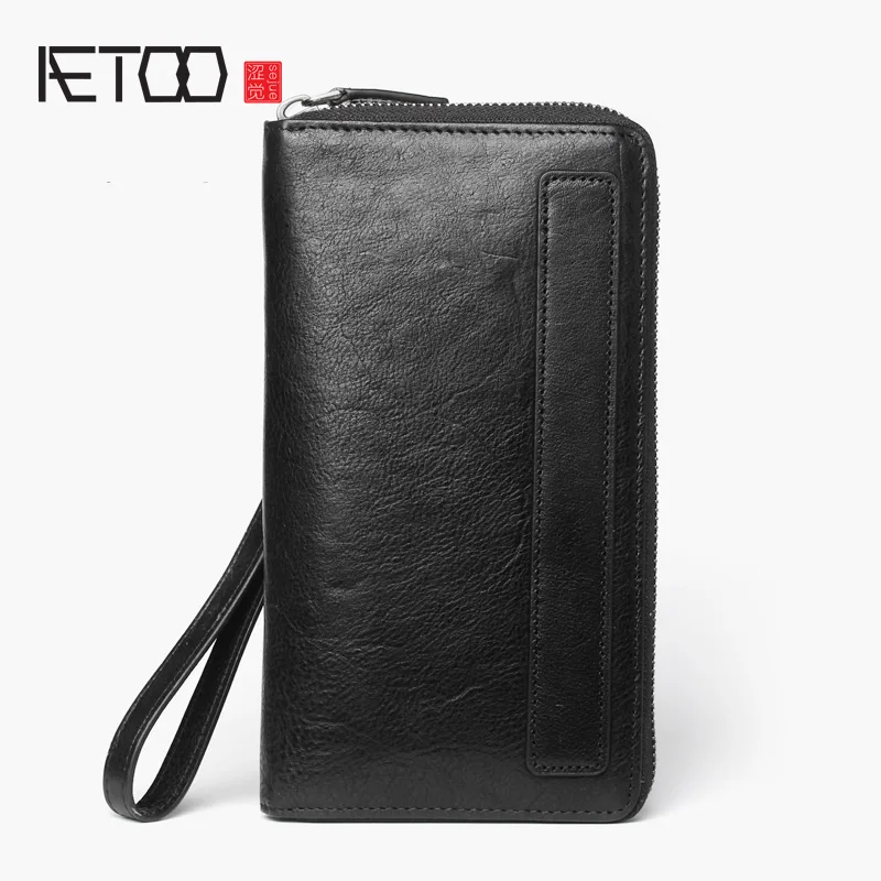 

Мужской длинный кожаный кошелек AETOO, винтажная Маленькая кожаная сумка, вместительный кошелек на молнии с несколькими отделениями для карт