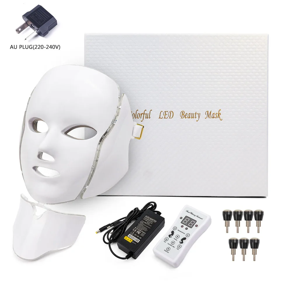 AU PLUG WITH BOX Светодиодная маска для лица, 7 цветов, светодиодная Корейская фотонная терапия, маска для лица, машинный светильник, терапия акне, маска для шеи, красивая светодиодная маска - Цвет: AU PLUG WITH BOX