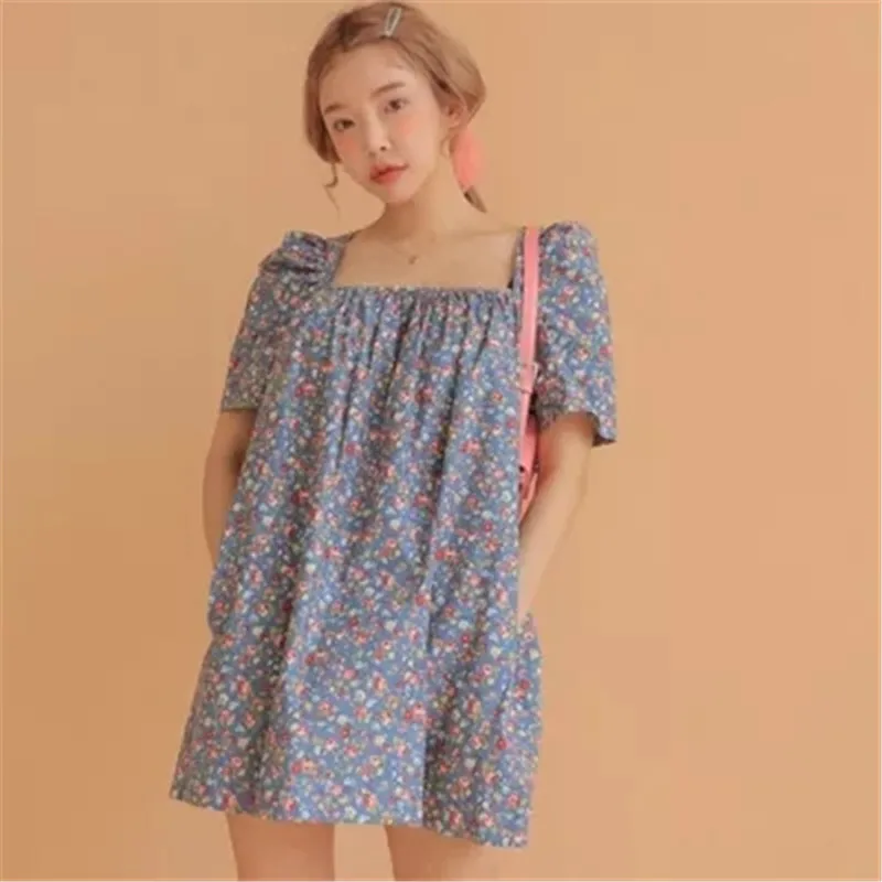 

Korean Style Retro Square Neck Puff Sleeves Loose and Thin Short Dress with Halter Back