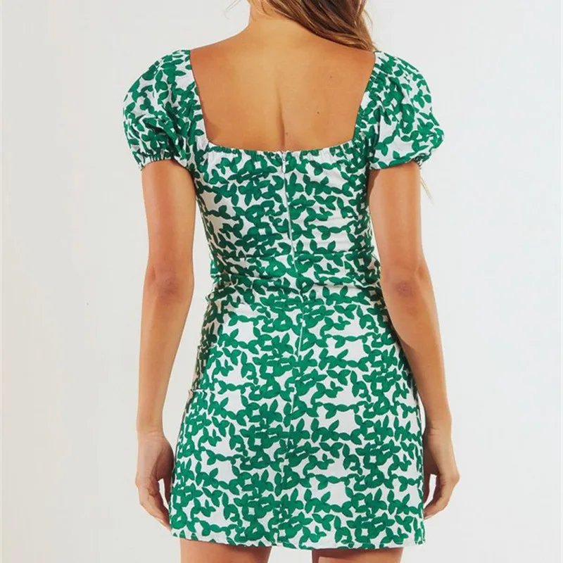 

Vintage Casual Elegant Women Print Bodycon Dress Summer 2020 Sexy Puff Sleeves Mini Dress