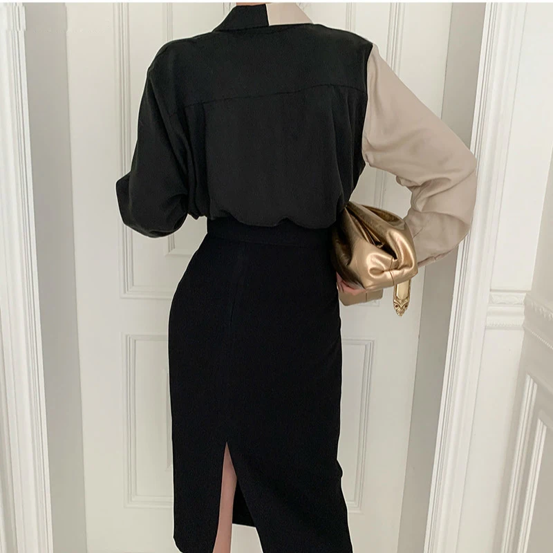 

Vintage Women Blouses Turn-down Collar Contrast Color Shirts Tops Loose Casual Single Breasted Blouse Blusas Femme 4H247