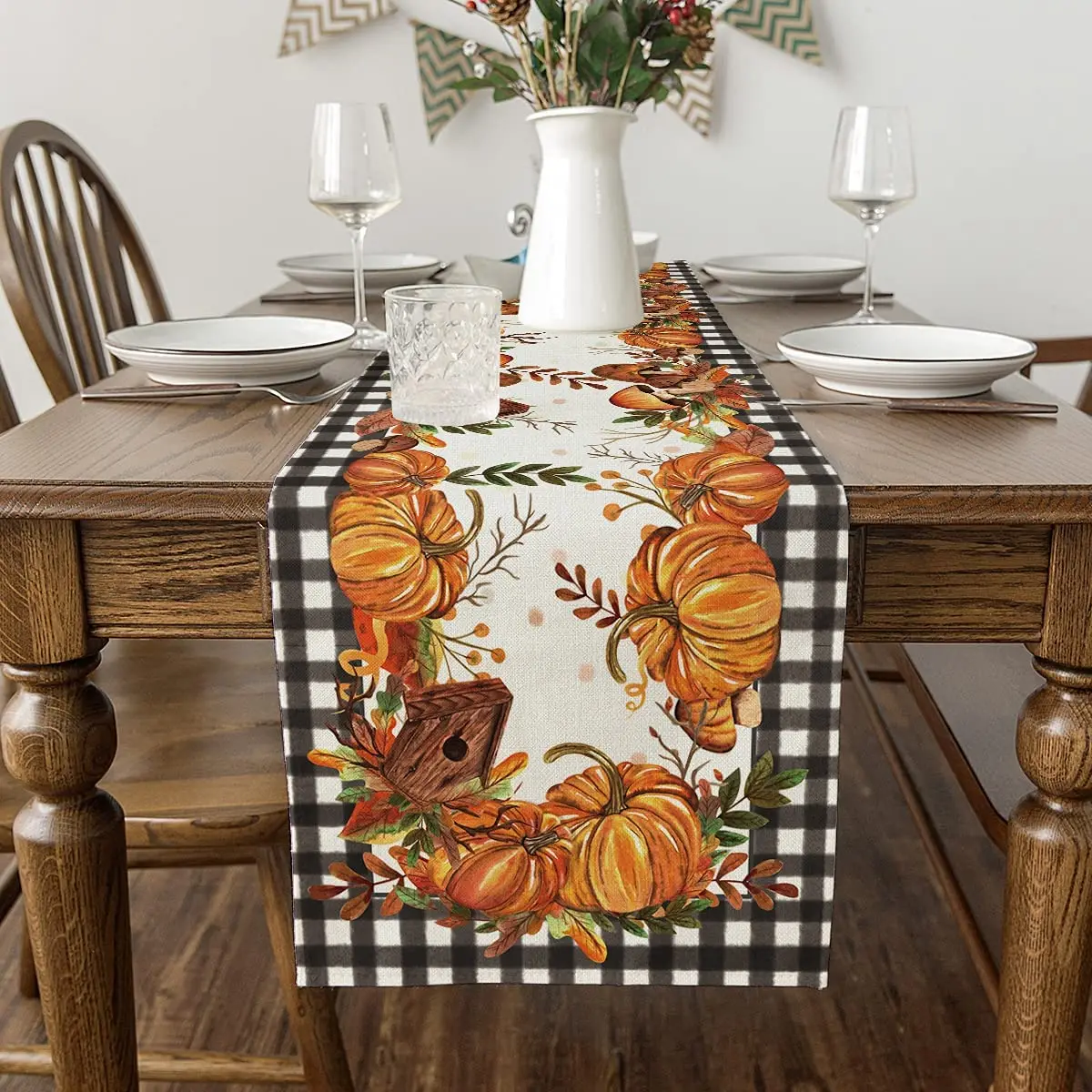

13 x 90 inch Thanksgiving Fall Pumpkin Plaid Table Runner Vintage Dining Table Decoration for Wedding Party Christmas Tablecloth