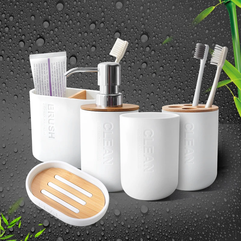 

5PCS Bamboo Bathroom Accessories Sets Soap Dispenser Toothbrush Holder Mouth Cup Toothpaste Rack Soap Dish Kit Bathroom Set