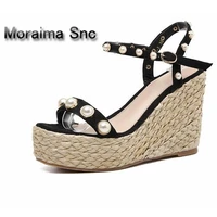 moraima snc barnd sandales femme pearl rivet summer platform shoes women high heels sandals women low price wedges sandals shoes