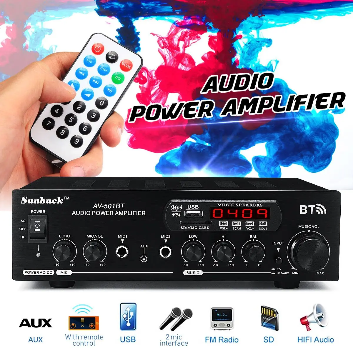 Bluetooth аудио усилитель мощности 1200 Вт 110 В/220 В DC 12 В AUX вход 2,0 hifi динамик 4 микрофона FM USB SD 2 x микрофонный вход