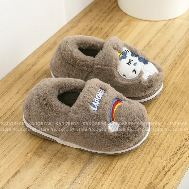 Детские плюшевые тапочки с мультяшным единорогом зимняя обувь для маленьких
