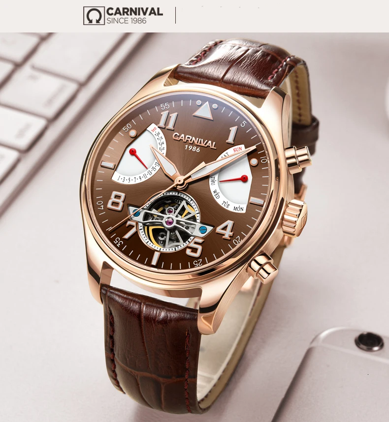 Tourbillon, мужские часы, розовое золото, чехол, синий циферблат, карнавал, автоматические часы, мужские, люксовый бренд, механические часы, Мода
