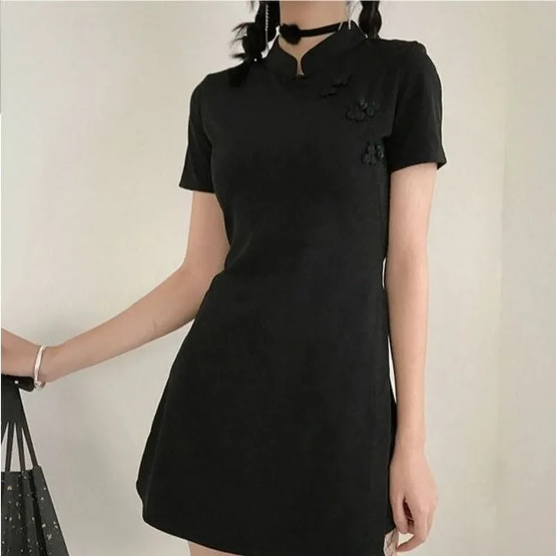 QWEEK Chinese Style Black Cheongsam Dress Women Summer 2021 Qipao Vintage Sexy Bodycon Short Sleeve Mini Dresses Women