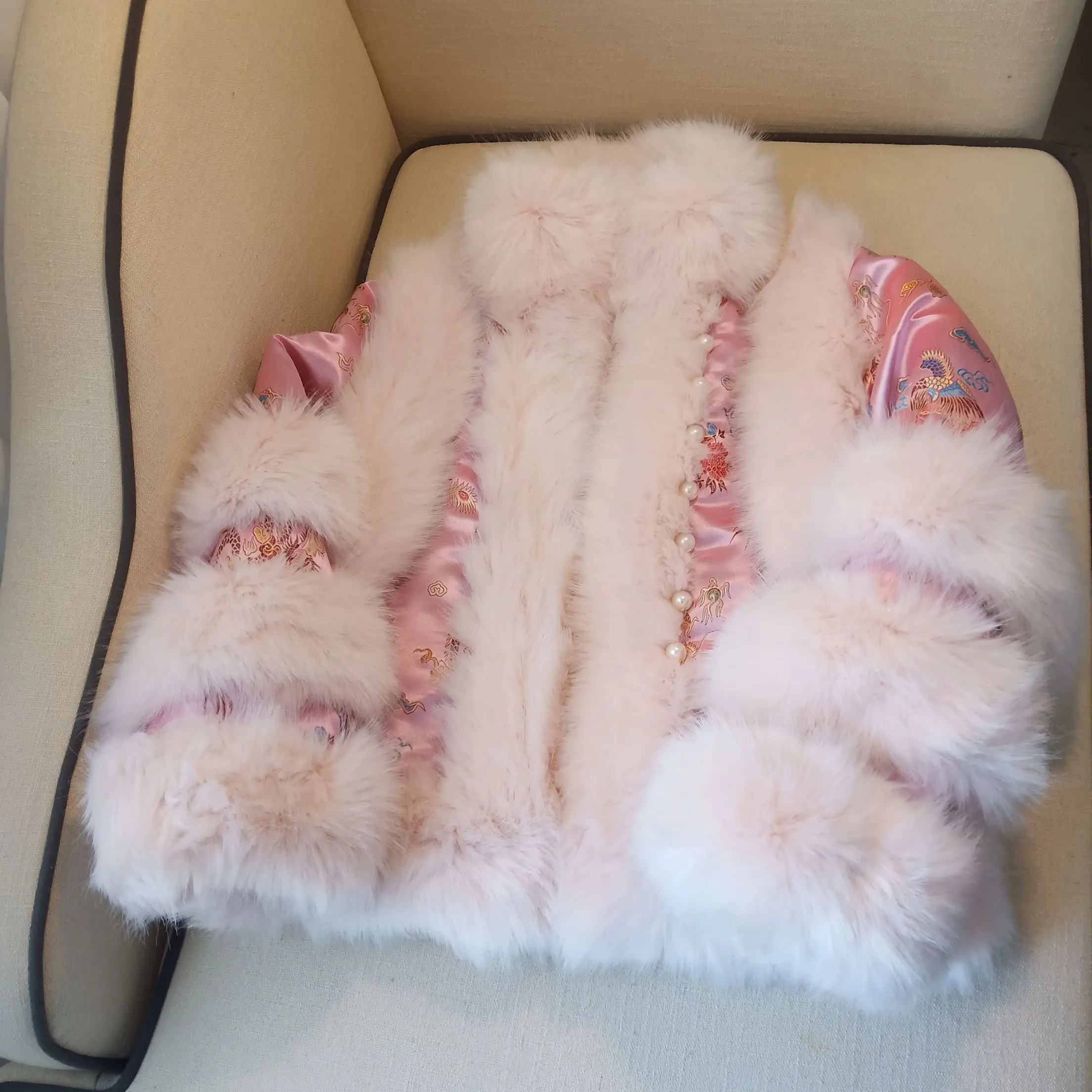 Pink Fur Coat 2020 New Autumn Winter Chinese Style Satin Pearl High Waist Faux Fur Coat Thick Warm Fur Luxury Furry Coat Women