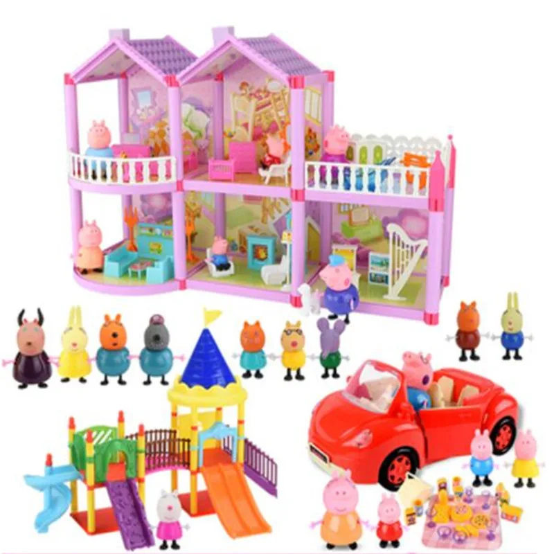 

Luxury Villa Sports Car Amusement Park Cartoon Pig Family Roles DIY Anime Kids Toys Action Figure Pvc Model For Children Gifts