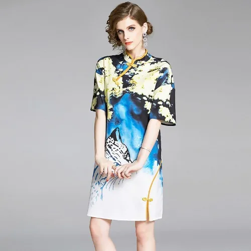 

Fashion Summer Leopard Print Vintage Cheongsam Dress Women Short Sleeve Stand Collar Buttons Elegant Ladies Dresses Vestidos
