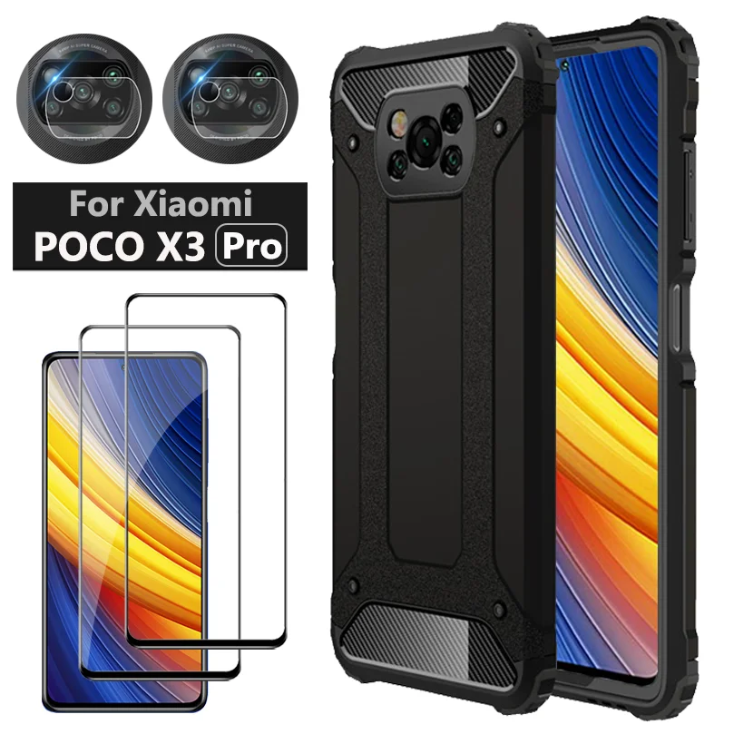 

case for xiaomi poco x3 pro double layer shockproof armor case poco x3/f3/x3pro cover rugged + tempered glass, funda poco x3 pro