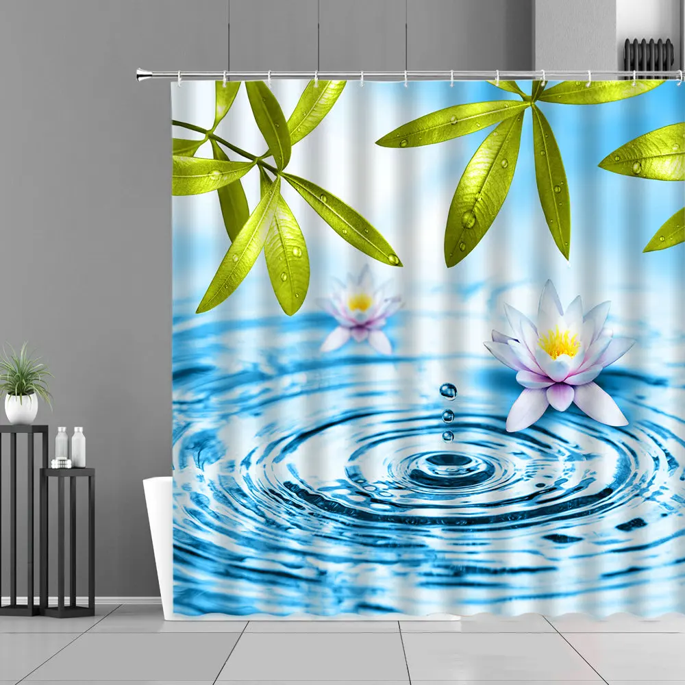 Занавеска для душа с зелеными листьями розовыми цветами лотоса синим морским