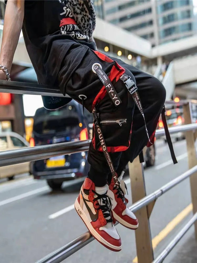 

Hip Hop Joggers Men Letter Ribbons Cargo Pants Pockets Track Tactical Casual Techwear Male Trousers Sweatpants Sport Streetwears