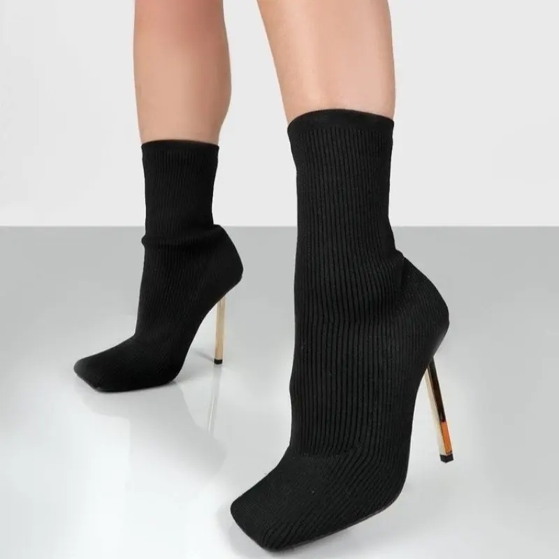

Mid-Calf Knitted Boots Women Square Toe Winter High Heels All-match High Heel Short Socks Boots Sexy Stilettos Party Shoes