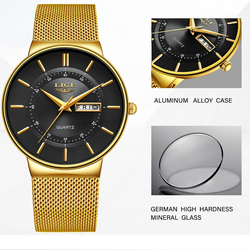 Reloj Hombre LIGE мужские часы Топ бренд класса люкс тонкие сетчатые водонепроницаемые