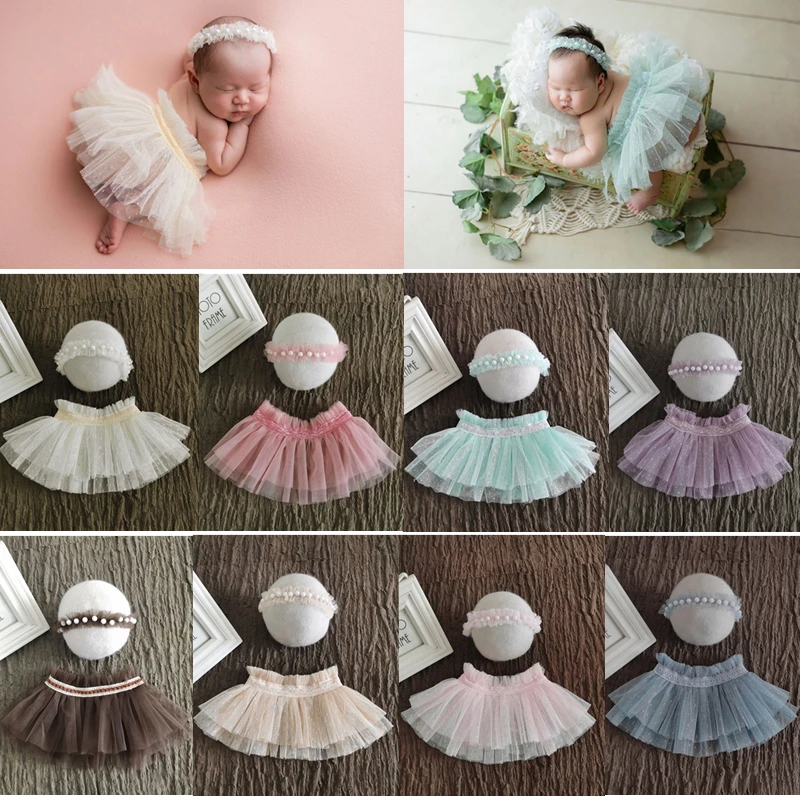 ❤️Newborn Photography Clothing Pearl Headband+Short Skirt 2Pcs/set Studio Baby Girl Photo Props Accessories Clothes Fotografia