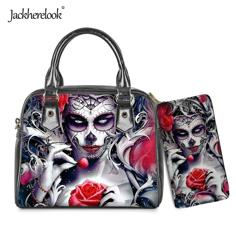 

Jackherelook Gothic Skull Girl Design Luxury PU Handbag for Women Female Cross Body Bag Purse Ladies Messenger Bag Clutch Wallet
