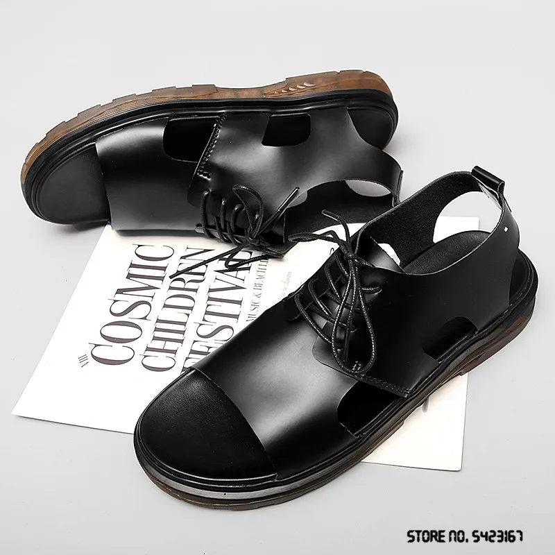 Мужские сандалии из натуральной кожи уличная пляжная обувь на шнуровке плоская