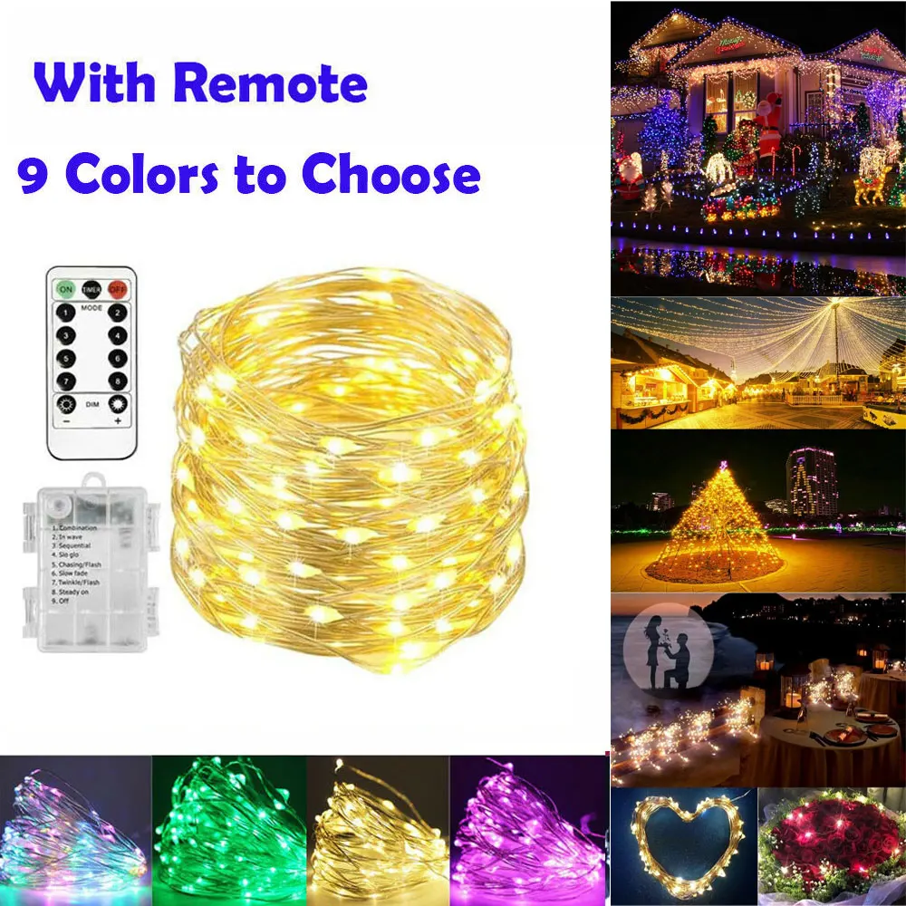 

LED Fairy String Lights Battery Box with Remote Control 8Modes Waterproof Silver Wire Battery Powered Garden Christmas Decor