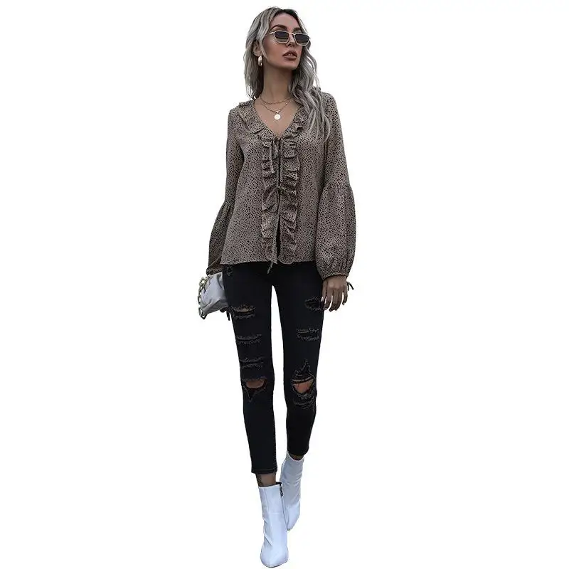 

Street Hedging Khaki Sexy Loose Leopard Print V-Neck Chiffon Bottoming Shirt Spring Ladies Lace Office Shirt Jacket