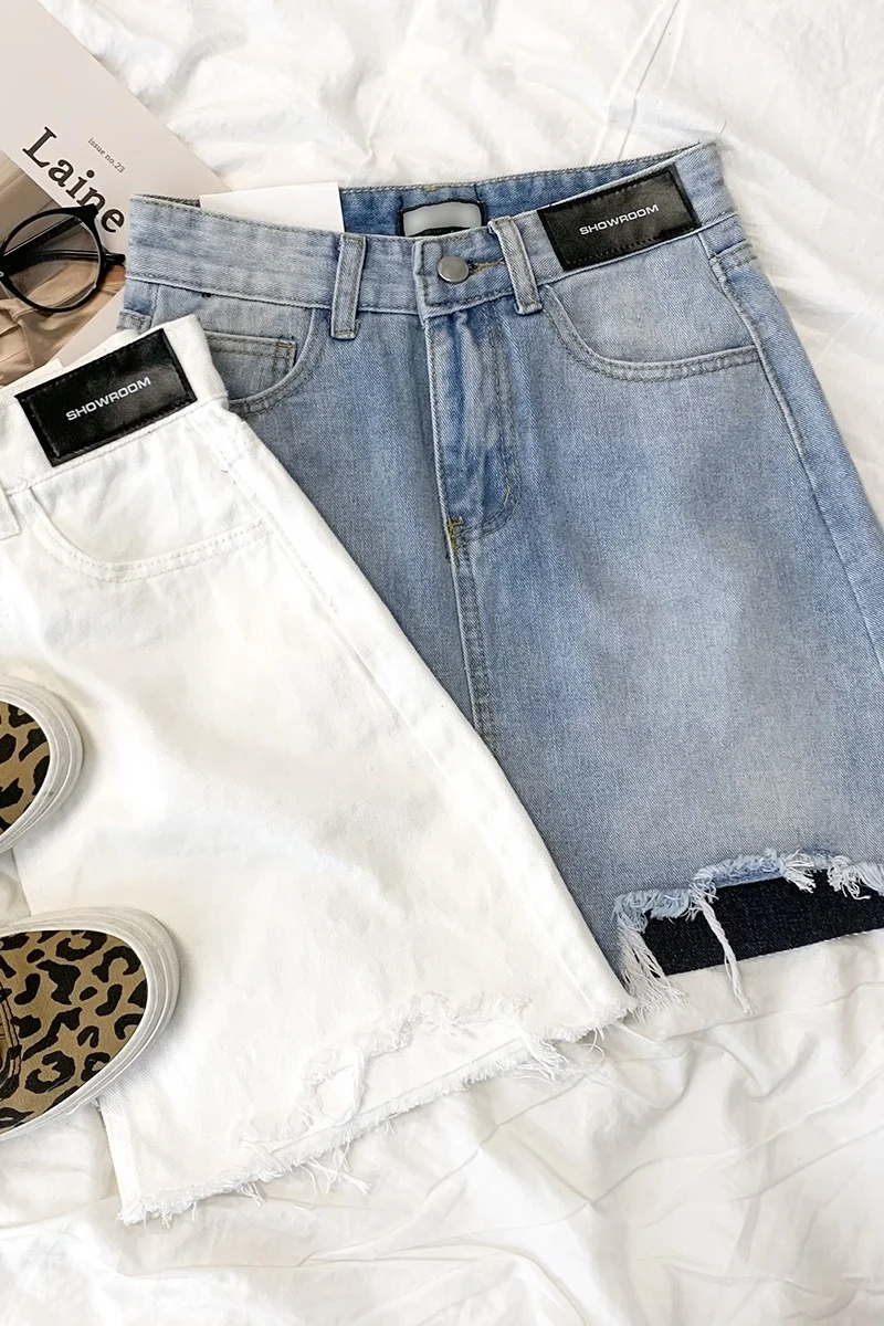 

Patchwork Label Denim Short Skirt Women High Waist White Blue Wash Jean Skirt