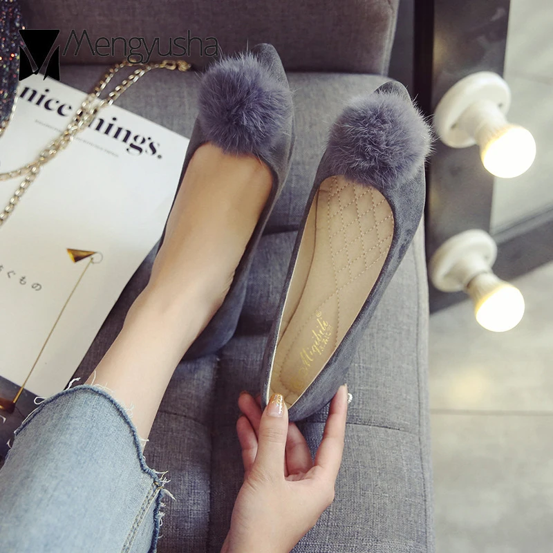 Размера плюс с бубоном меховые шарики туфли лодочки на высоком каблуке плоской