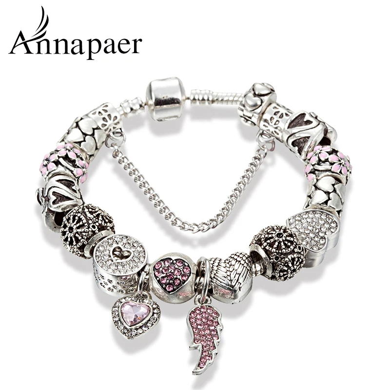 ANNAPAER 2019 European Pink Crystal Angel Wings Charm Bead Fit Original Bracelets for Women Bracelet Jewelry Dropshipping B17044|charm