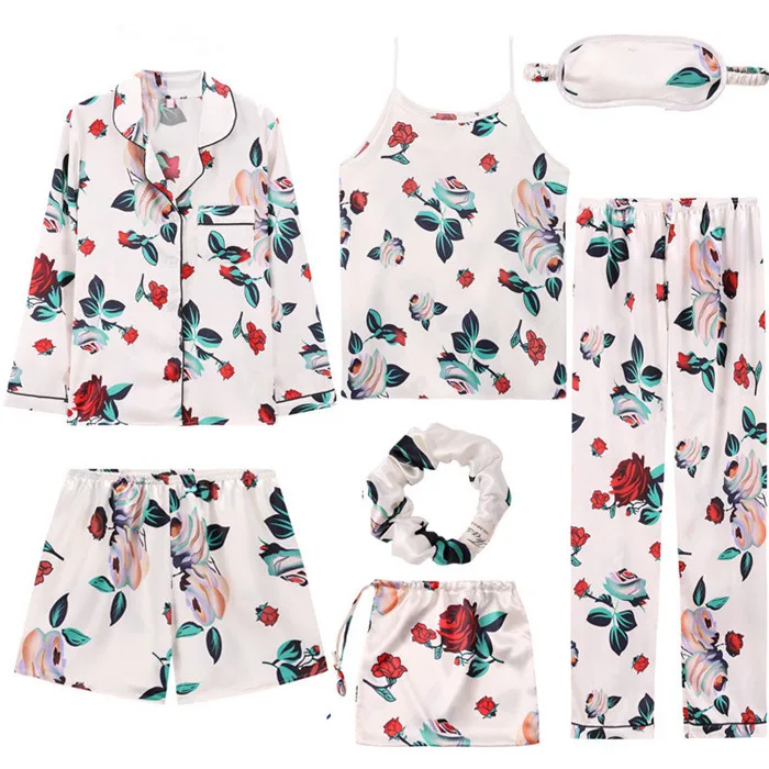 

7 Pieces Womens Silk Satin Pajamas Sets Pyjamas Set Sleepwear Pijama Pajamas Suit Female Sleep Two Piece Set Loungewear