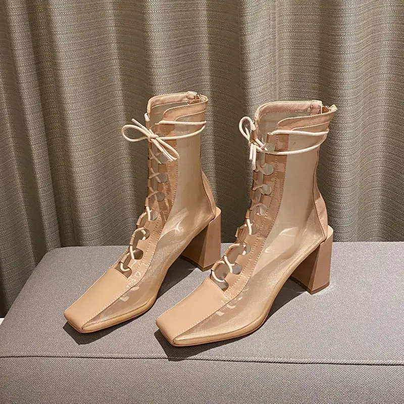 

Ankle Boots Rock Shoes Woman Lace Up Leather Booties Boots-women Low Ladies 2021 High Heel Microfiber Lace-Up Cross-tied