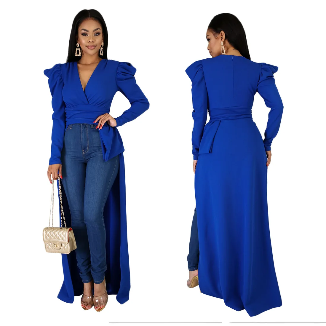 Элегантные топы с пышными рукавами Женские однотонные Топы длинным подолом