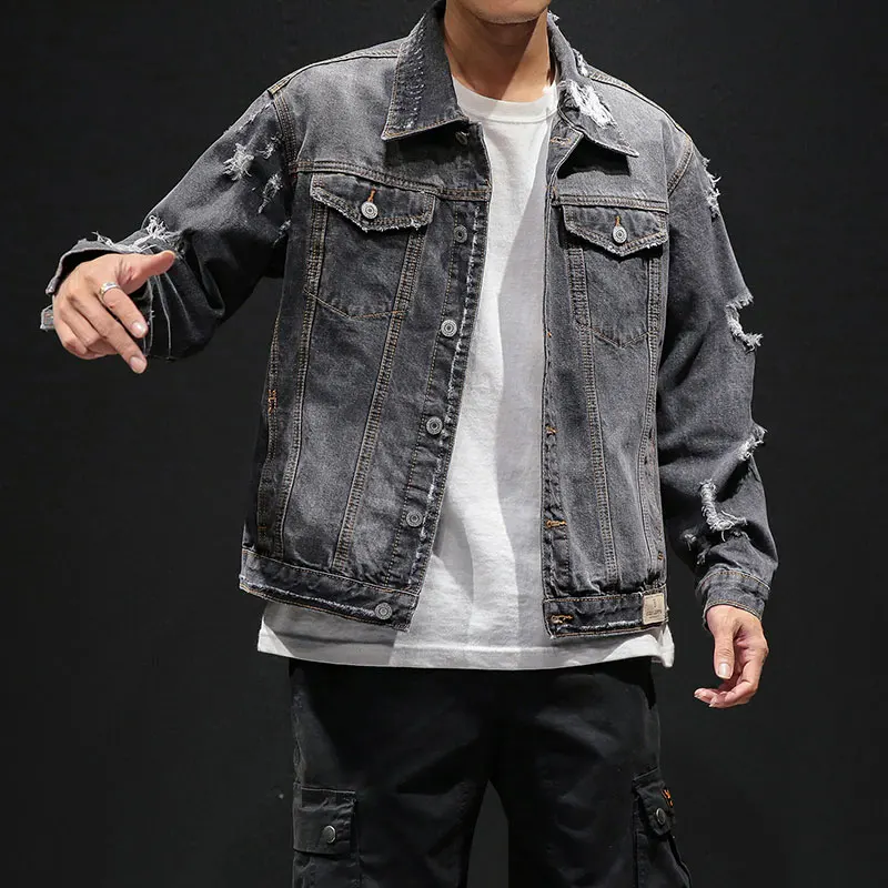 Мужская джинсовая куртка в стиле хип-хоп серая синяя рваная куртка-пилот