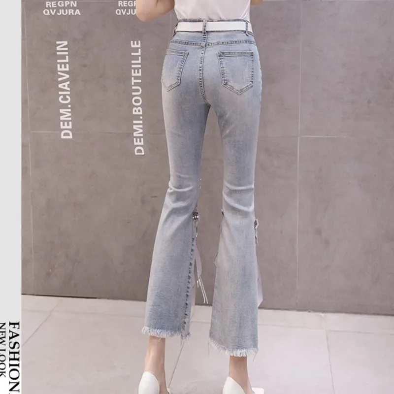 Женские джинсы бойфренд с высокой талией Стразы бусина бантиком нестандартные