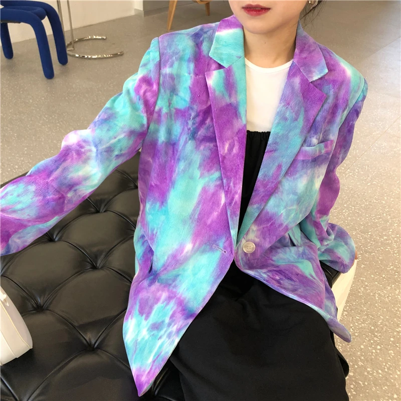 

Korean Fashion Blue Tie-dye Corduroy Blazer Jacket Loose Casual Single-breasted Spring Mid-length Turndown Collar Female Coat