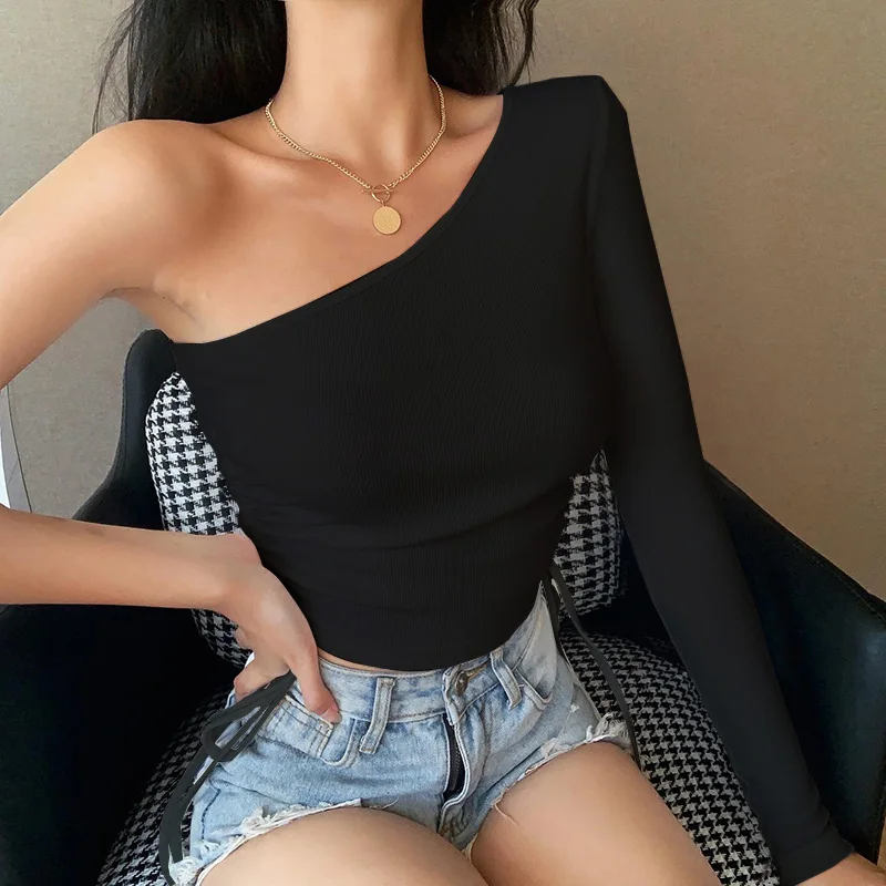 Женский укороченный топ на одно плечо Осенний сексуальный однотонный с длинным