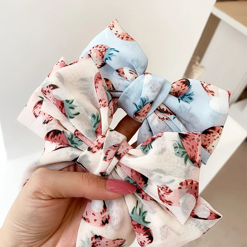 

Strawberry Print Hairpins Fruit Hairgrips Spring Clip Chiffon Three Layers Bow Barrettes Oversized Bow Hair ClipHair Accessories
