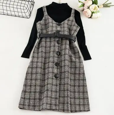 black 1 Sanishroly, комплект из двух предметов, Осень-зима, Женское шерстяное платье на бретелях с поясом, клетчатое платье, комплекты, женский свитер с длинным рукавом, Vestidos 815 - Цвет: black 1