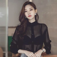 tuhao sexy women blouse tops spring summer fall single breasted black chiffon shirts for ladies transparent long sleeve blusas