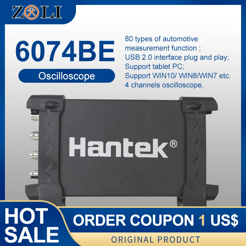 Hantek 6074BE цифровые осциллографы ПК USB портативные 4 канала 70 МГц полоса поддержки