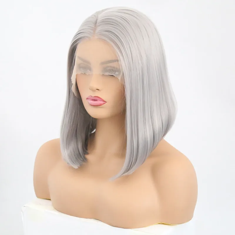 RONGDUOYI серый синтетический парик на кружеве для женщин короткий боб прямой без