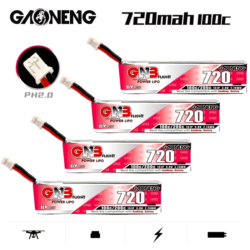 1-10PCS GAONENG GNB 1S 720mah 3.8V 100C/200C HV Lipo Battery With PH2.00 plug for Quadcopter FPV Drone Tinywhoop Frame RC Drone