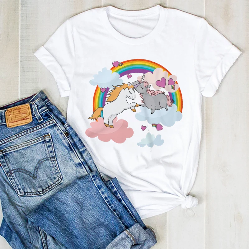 Женская футболка с единорогом и радужным принтом модная летняя для женщин