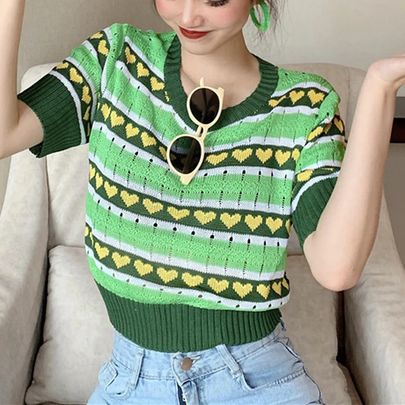 Женский полосатый ажурный зеленый укороченный свитер новые летние трикотажные