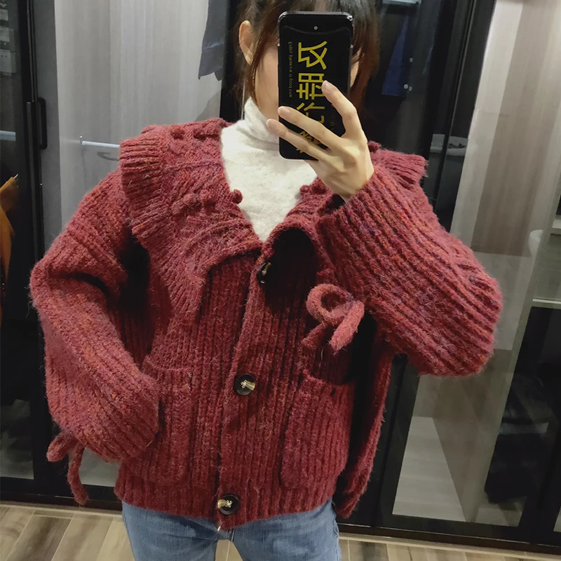 Осенне-зимний вязаный свитер кардиган женский милый с большим отложным